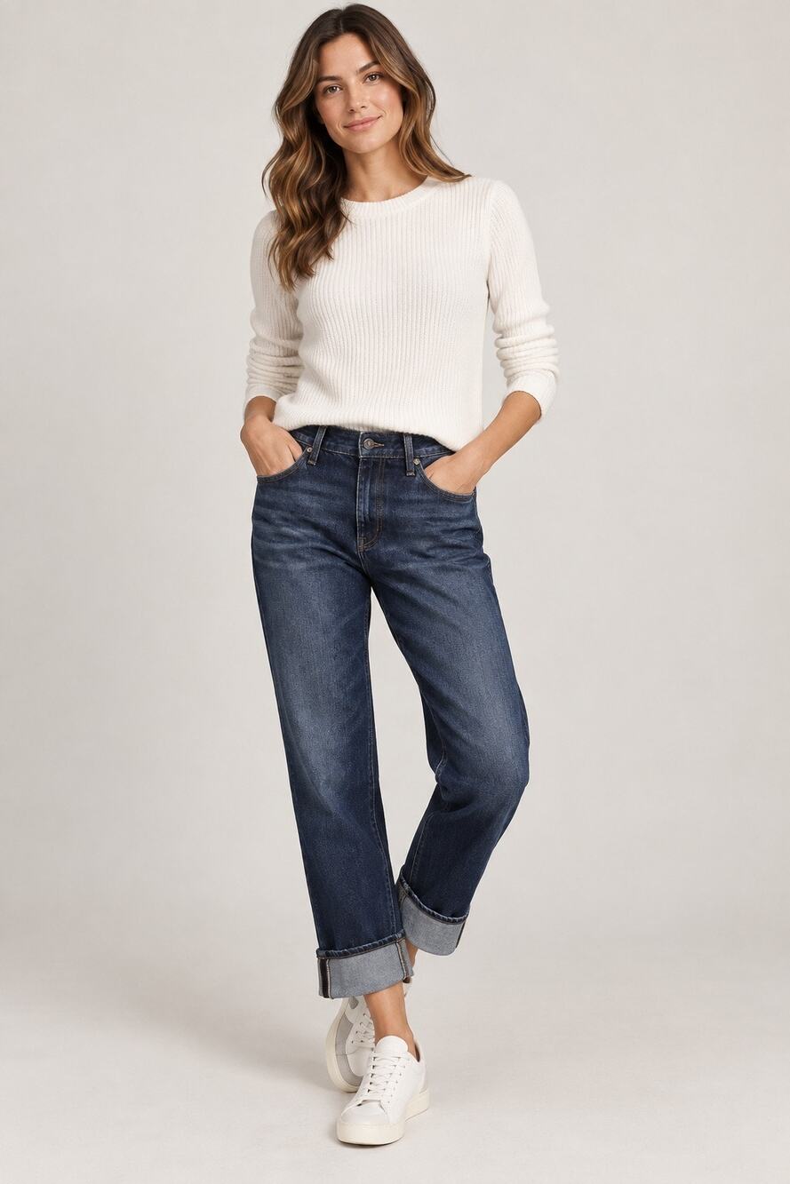 TRAVE Berit Relaxed Straight Jeans – Night Fever Wash – Size 26 – Cuffed Hem